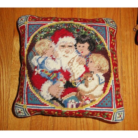 Vintage Needlepoint Christmas Pillow Lot Snowman & Santa decorative holiday - Picture 10 of 13